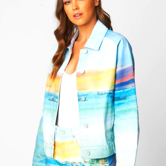 NWT Blanknyc Lost In Paradise Denim Graphic Art Oversized Jacket XL Beach - Picture 1 of 9